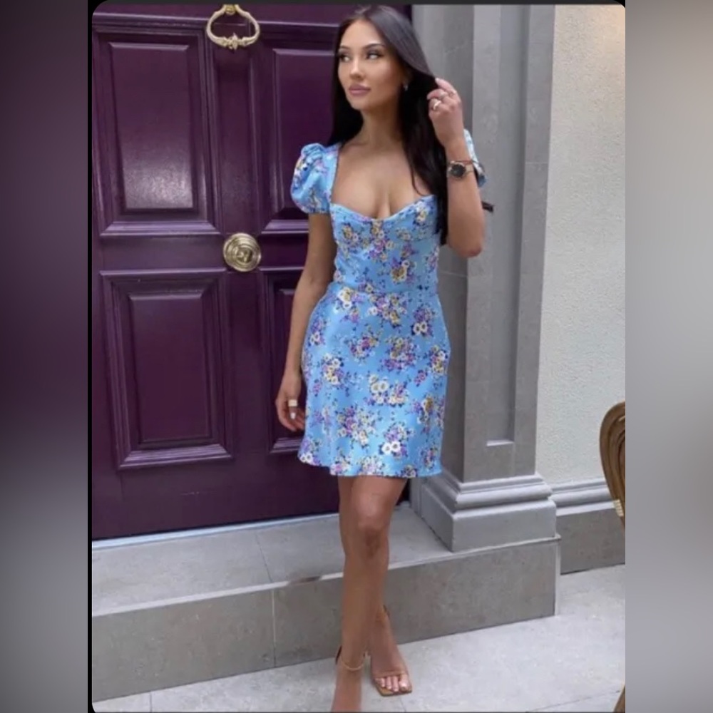 Zara New Bustier Satin Floral Mini Dress Puff Sleeve Sky Blue - Size Small